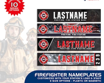 May include: Four rectangular firefighter nameplates featuring customizable text fields for last name, position, and fire station name. Each plate displays a circular red and black emblem on the left, with various American flag background designs.