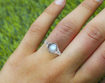 Rainbow Moonstone Ring, 925 Solid Sterling Silver Ring, Oval Moonstone Ring, Blue Fire Moonstone Ring, Anniversary Gift, 925 Sterling Silver
