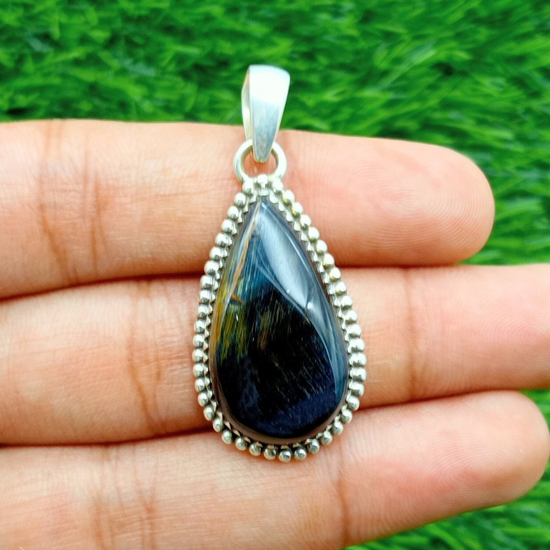 Blue Tiger Eye Pendant, Natural Blue Tiger Eye Jewelry, 925