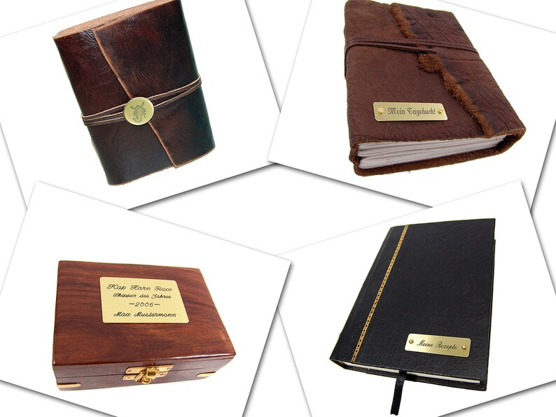 May include: Four different leather-bound journals with personalized brass plates. The journals are brown, black, and dark brown. The plates have different inscriptions, including "Mein Tagebuch", "Rip Herrn Russo", "Meine Rezepte", and "Max Mustermann".