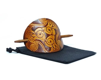 Hair clip in cowhide with wooden stick – OX Antique Lion Triskele – Handmade in Germany - Vickys World