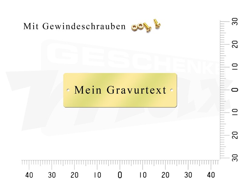 May include: A gold-colored metal plaque with the text "Mein Gravurtext" and two small holes for mounting. The plaque is shown with screws for mounting.