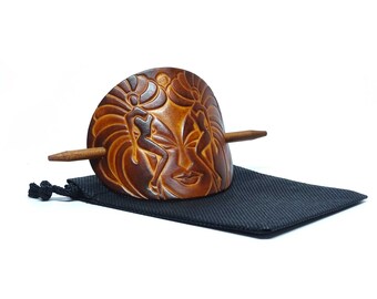 Hair clip made of cowhide with wooden stick in a gift bag – OX Antique Lion Carnival – Handmade in Germany - Vickys World