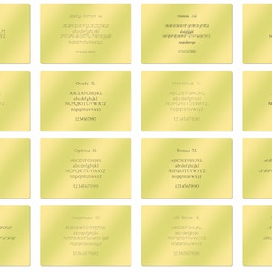 May include: A yellow background with a grid of 12 cards, each featuring a different font style. The cards display the alphabet in uppercase and lowercase, along with numbers 1 through 9 and 0. The font names are listed at the top of each card.