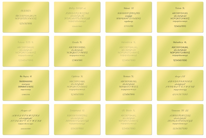 May include: A yellow background with a grid of 12 cards, each featuring a different font style. The cards display the alphabet in uppercase and lowercase, along with numbers 1 through 9 and 0. The font names are listed at the top of each card.