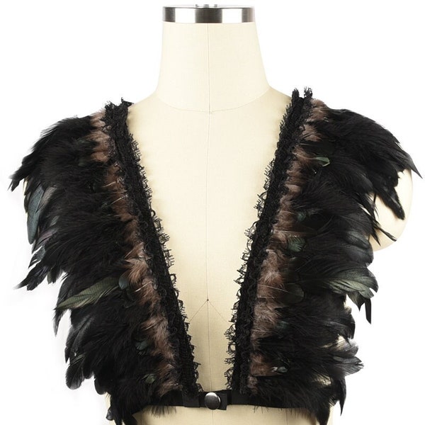 Black feather harness,body cage harness bra,open bralette,man women carnival performance costume