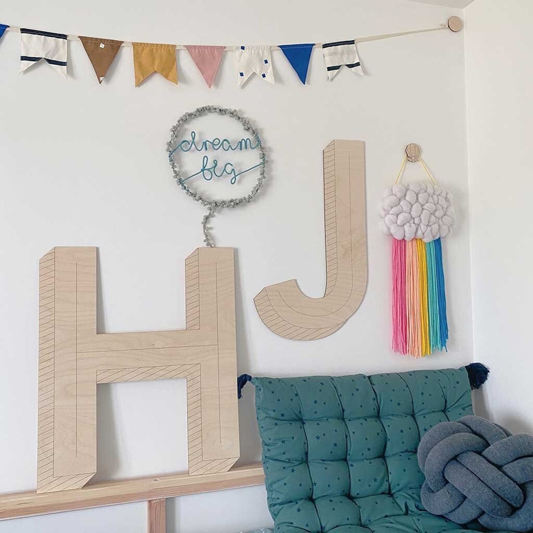 Large Wooden Striped Wall Letters 3D Effect Name Sign Playroom & Nursery Small Letters for