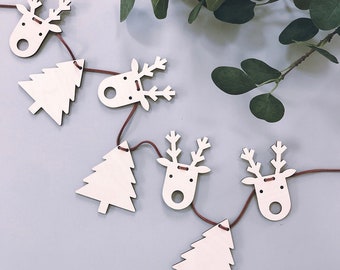 Wooden Christmas Tree & Reindeer Garland | Festive Reindeer Bunting | Christmas Tree Bunting | Scandi-Style Wooden Christmas Decoration