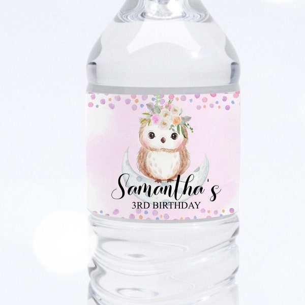 Editable Pink Owl Water bottle Label Pink Owl Girl Water bottle label birthday party Water Bottle Label Baby Shower PRINTABLE Corjl template