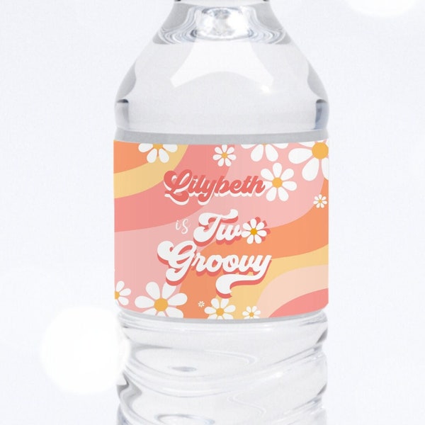 Editable Water bottle Label Groovy Retro Daisy Water bottle 2nd Birthday party Flower Orange theme PRINTABLE Digital Download Corjl Template