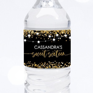 Bewerkbaar Goud Zwart Waterfles Etiket verjaardag Waterfles etiket gouden glitter waterfles etiket verlichting digitaal PRINTABLE Corjl Sjabloon
