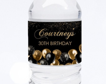 Editable Gold & Black Balloon Water Bottle Label (Digital Printable)