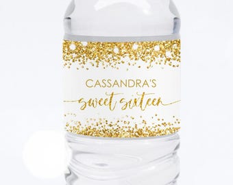 Editable Gold and White Water Bottle Label Birthday Water bottle Gold Glitter Water Bottle Label Digital Printable Corjl Template