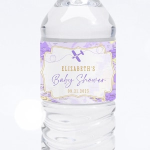 Etiqueta editable para botella de agua de viaje, diseño de mapa de avión de aventuras de niña morada, plantilla imprimible digital Corjl para botella de agua para baby shower