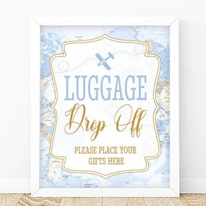 Reise Karten und Geschenke Schild Blau Karte Abenteuer Zeichen Baby Shower Brautdusche Geburtstagsparty Gepäck Ablage Tisch Dekor Printable Download