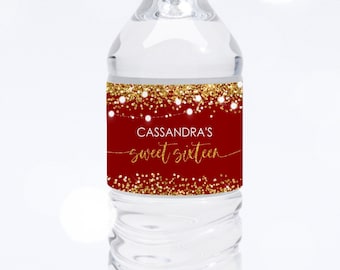 Editable Water Bottle Label Template, Red Gold, and Black, Party Favor ...