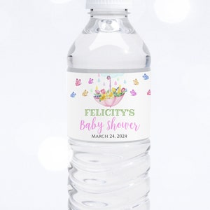 April Shower Water Bottle Label: Pink Flowers Baby Shower (Printable Corjl Template)