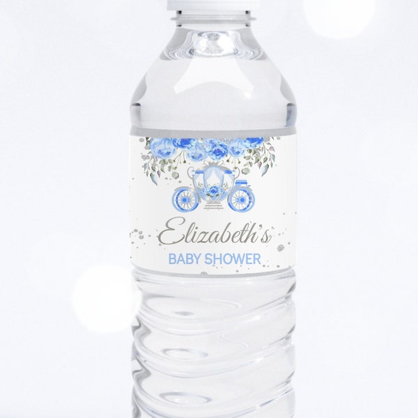 Editable Water bottle Label Blue Silver Princess Carriage Floral baby shower fairytale party Printable Digital Download Corjl Template