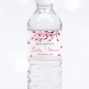 Editable Cherry Blossom Water bottle Label birthday baby shower pink flower girl water bottle label download PRINTABLE Corjl Template