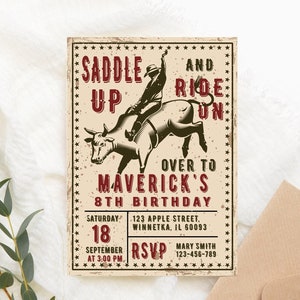 Invito di compleanno modificabile Bull Rodeo Invito per festa di compleanno da cowboy Invito per festa di compleanno da cowboy Bull Rodeo Party Invito per festa da cowboy Bull Party STAMPABILE Corjl