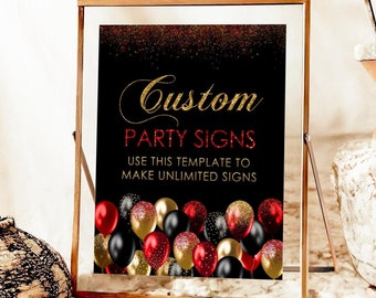 Red and Gold Balloon Birthday Party Sign: Editable Template (Digital Download)