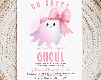 Redigerbar inbjudan till babyshower med spöke och spöke, inbjudan till babyshower med rosa flicka, utskrivbar digital Corjl-mall.