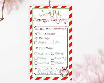 Editable Christmas Gift Tag Red Green North Pole Mailing Delivery Mail Favor Tag Label Tag Christmas Gift Gifting PRINTABLE Digital Corjl