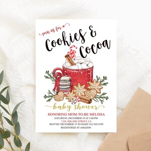 Bewerkbare koekjes en cacao babyshower uitnodiging, babyshower uitnodiging, kerstthema, rode mok, corjl, digitaal bestand, afdrukbare koekjes