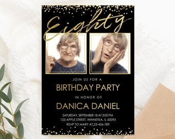 Editable 80th Birthday Invitation Black Gold Birthday Invitation for women with picture photo Eighty Modern Simple PRINTABLE Corjl