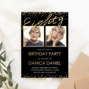 Invitación de cumpleaños número 80 editable Invitación de cumpleaños de oro negro para mujeres con foto Ochenta moderno simple IMPRIMIBLE Corjl