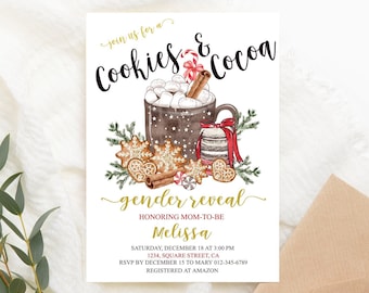 Cookies & Cocoa Gender Reveal Invitation, Christmas Theme (PRINTABLE 5x7 Corjl Template)