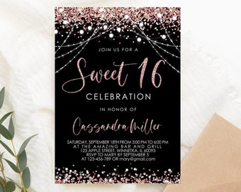 Editable 16th Birthday Invitation Birthday Party Invite Black Rose Gold Glitter Lights 16th Birthday Invitation PRINTABLE Corjl Template