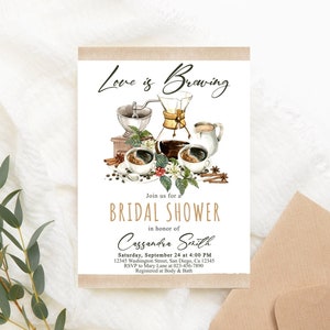 Editable Coffee Invitation Bridal Shower Invitation Love Brewing Invitation Bridal Invite PRINTABLE Brown Black Corjl Template Digital