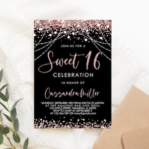 Editable 16th Birthday Invitation Birthday Party Invite Black Rose Gold Glitter Lights 16th Birthday Invitation PRINTABLE Corjl Template