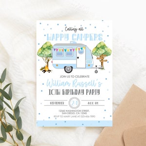 Editable Happy Camper Birthday Invitation Boy Blue Camping Party S'more Glamping Blue Birthday PRINTABLE Digital  Download Corjl Template