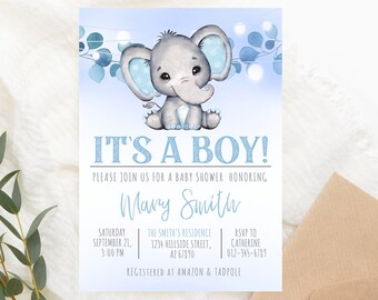 May include: Blue and white baby shower invitation with a cartoon elephant and the text "It's a Boy!"  Please join us for a baby shower honoring Mary Smith. Saturday, September 21, 3:00 PM. The Smith's Residence, 1234 Noulside Street, Ala 710. RSVP to Catherine 817-345-6789. Registered at Amazon & Tadpole.