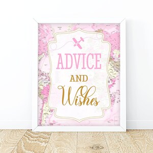 Reise-Party-Zeichen Ratschläge und Wünsche Rosa Karte Digitaler Download Baby Shower Brautparty Geburtstag Tischdekoration Abenteuer druckbare Nachrichten