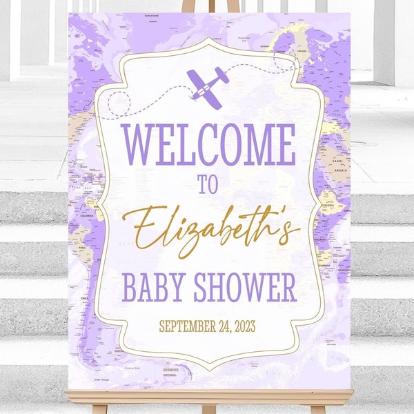 Purple Travel Map Baby Shower Welcome Sign (Digital Corjl Template)