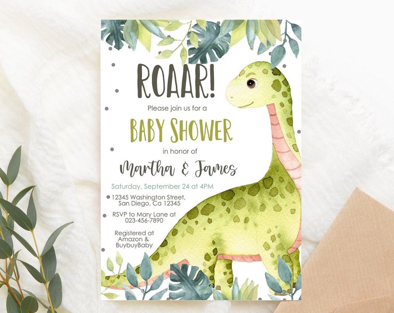 Editable Dinosaur Baby Shower invitation Green Gender Neutral Baby Shower Invite Dino Wild Invite Digital PRINTABLE Corjl