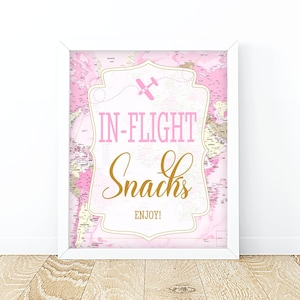 Tijdens de vlucht Snacks Party Food Sign Reizen Roze Kaart Avontuur Teken Baby Douche Bruidsdouche Verjaardag Tafel Decor Digitale Download Afdrukbaar
