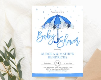 Editable Umbrella Baby Shower Invitation Blue Umbrella Baby Shower Invite Blue Floral Rain Digital Download PRINTABLE Corjl Template