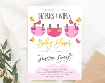 Editable Diaper Wipes Baby Shower invitation Pink Diaper Wipes Baby Girl Baby Shower Invite Diaper Invite Digital PRINTABLE Corjl Template