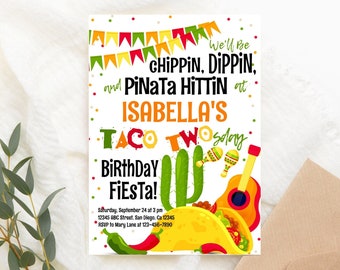 May include: A colorful invitation for a "Taco Twosday" birthday party for Isabella. The invitation features a cartoon taco, a cactus, a maraca, and a guitar. The text reads "We'll be chippin, dippin, and pinata hittin at Isabella's Taco Twosday Birthday Fiesta!"