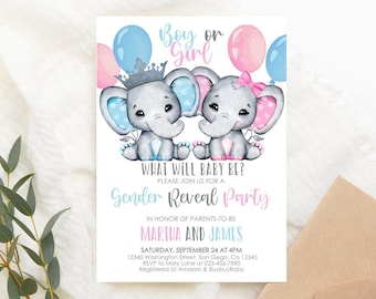 Editable Elephant Gender Reveal Invitation Pink Blue Elephant Gender Reveal Party Invite Boy or Girl Digital PRINTABLE Corjl Template