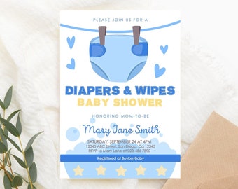 May include: A blue and yellow baby shower invitation with a cartoon diaper hanging on a clothesline. The invitation reads "Diapers & Wipes Baby Shower" and includes the name "Mary Jane Smith" and details for the event.