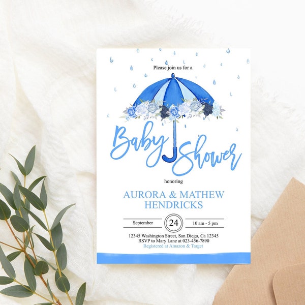 Parapluie modifiable Baby Shower Invitation Blue Umbrella Baby Shower Invite Blue Floral Rain Digital Download PRINTABLE Corjl Template