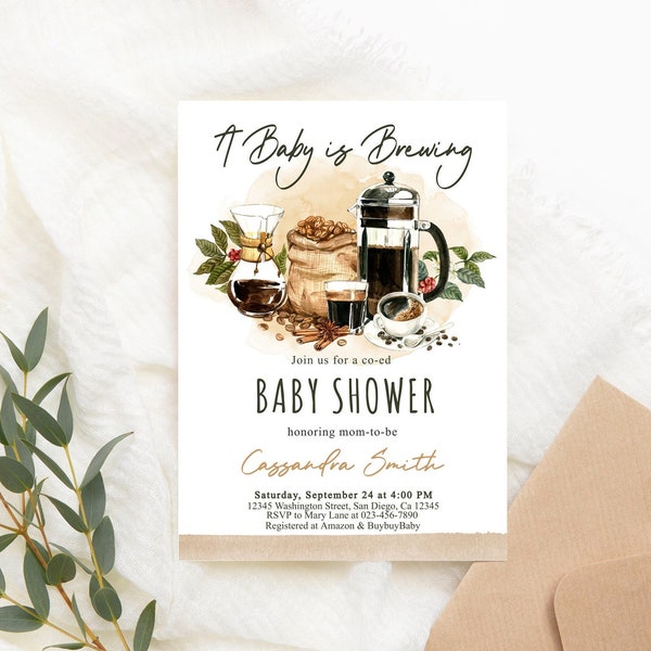 Editable A Baby is Brewing Invitation Coffee Baby Shower Invite Coed Couples Gender Neutral PRINTABLE Brown Black Corjl Template Digital