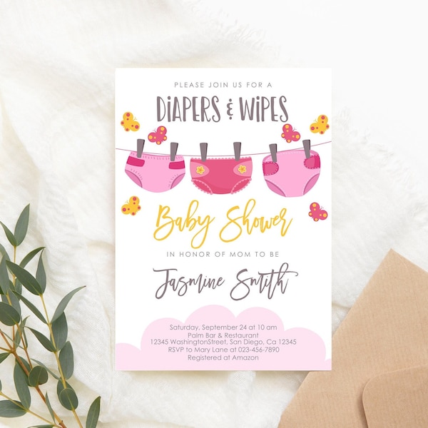 Editable Diaper Wipes Baby Shower invitation Pink Diaper Wipes Baby Girl Baby Shower Invite Diaper Invite Digital PRINTABLE Corjl Template
