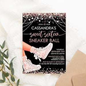 Editable Sneaker Ball Sweet Sixteen Invitation Rose Gold Black Glitter 16th Birthday Party Invite Printable Corjl Template digital Download