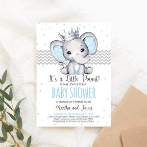 Editable Elephant Baby Shower Invitation Blue Elephant Crown Prince Baby Shower Party Invite Digital Little Peanut PRINTABLE Corjl Template